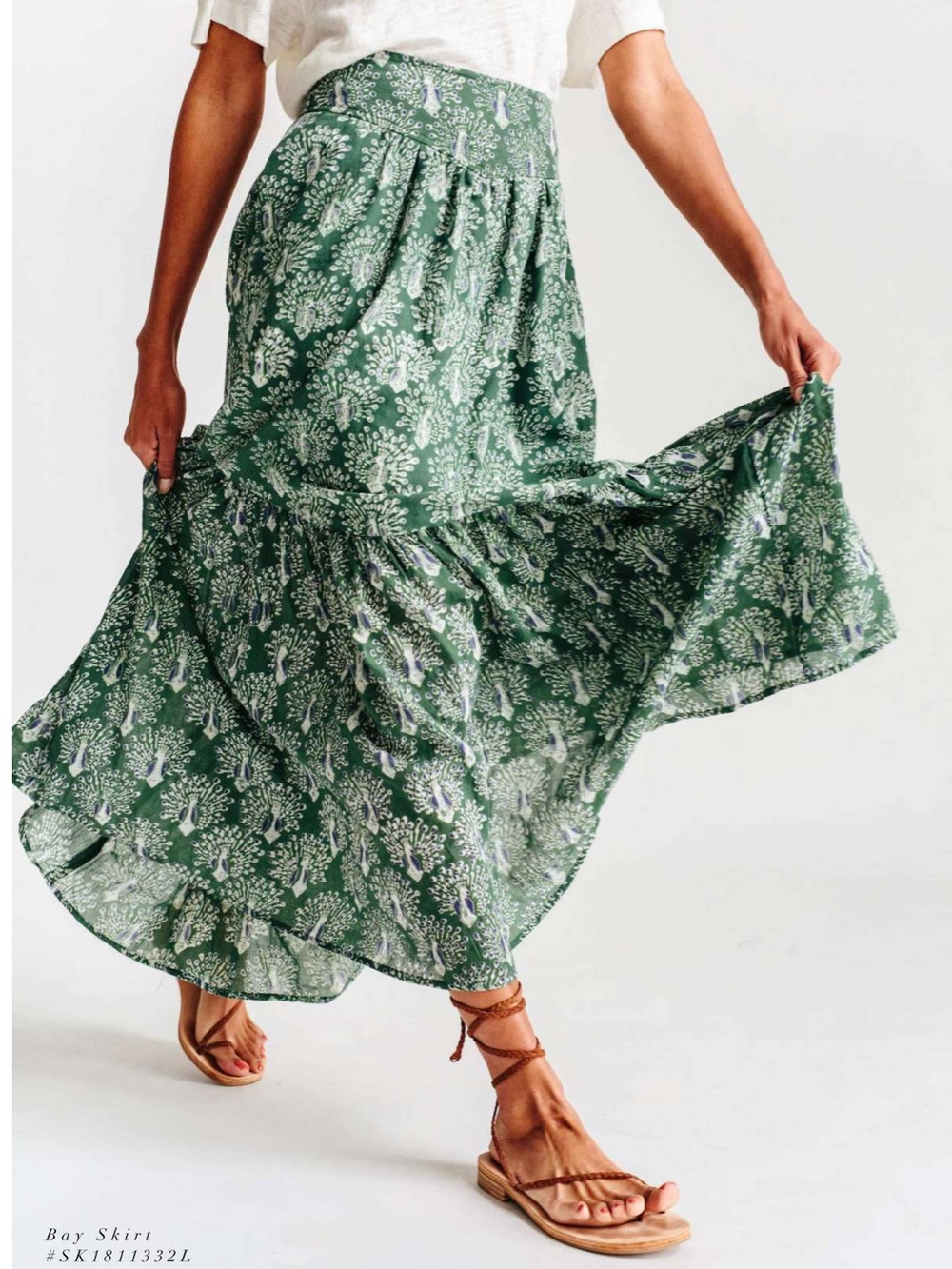 MIRTH Green Floral Peacock Print Maxi Skirt Cotton Medium